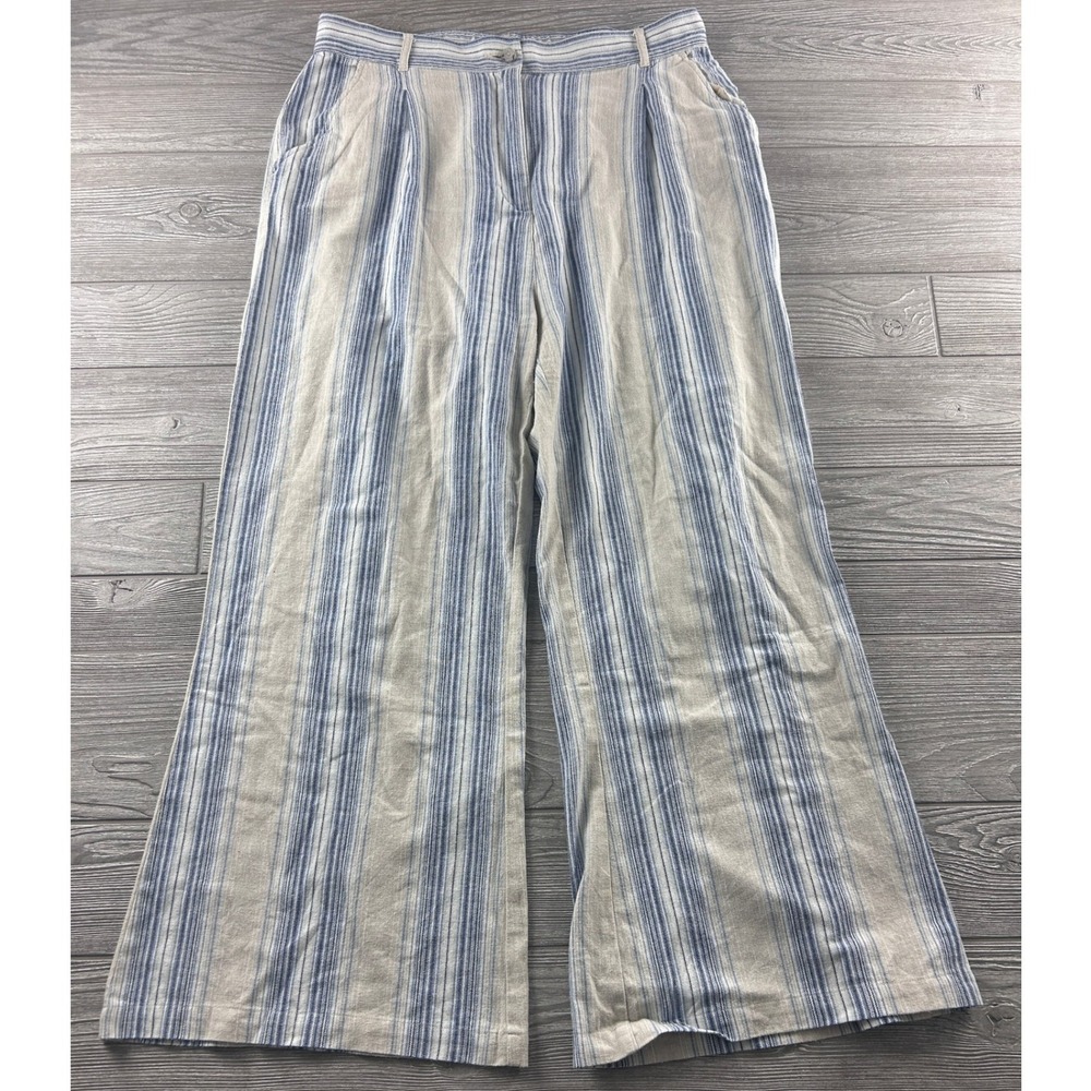 Ariat Womens XL Blue Striped Wide Leg Cotton Linen Blend Pleated Trousers Pants